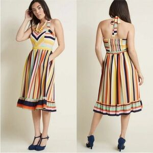 ModCloth Multicolor Striped Midi Dress - Yellow, Navy, Pink, Orange